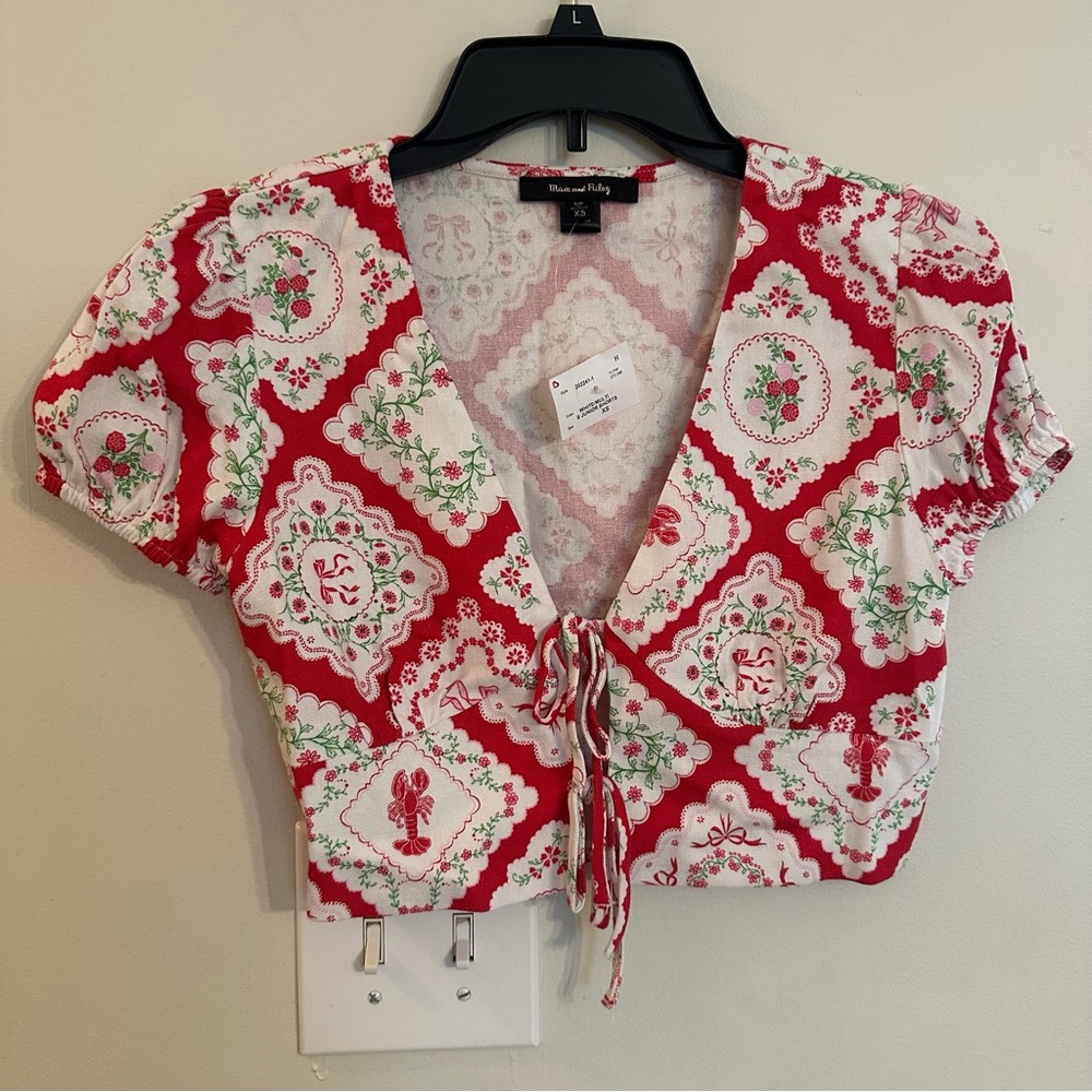 Max & Riley Womens XS Red/White Open-Front CropTop Coastal Chic Floral Linen NEW